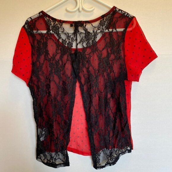 𝅺💜U K 2 L A Summer Top, Red Dotted Top, Sz L, Lacy - Picture 4 of 7